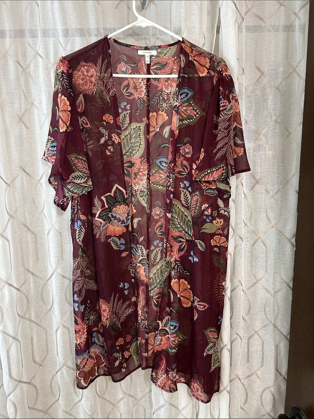 Maurices Floral Sheer Kimono in Burgundy with Green and Peach Accents